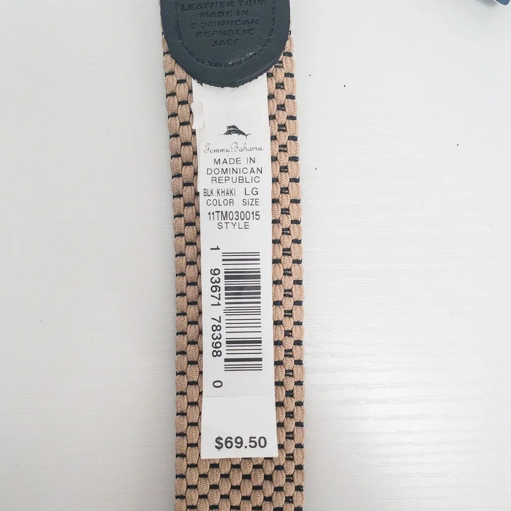 Tommy Bahama Belt Mens L 38-40 Black Khaki Reversible Stretch Woven Leather Trim